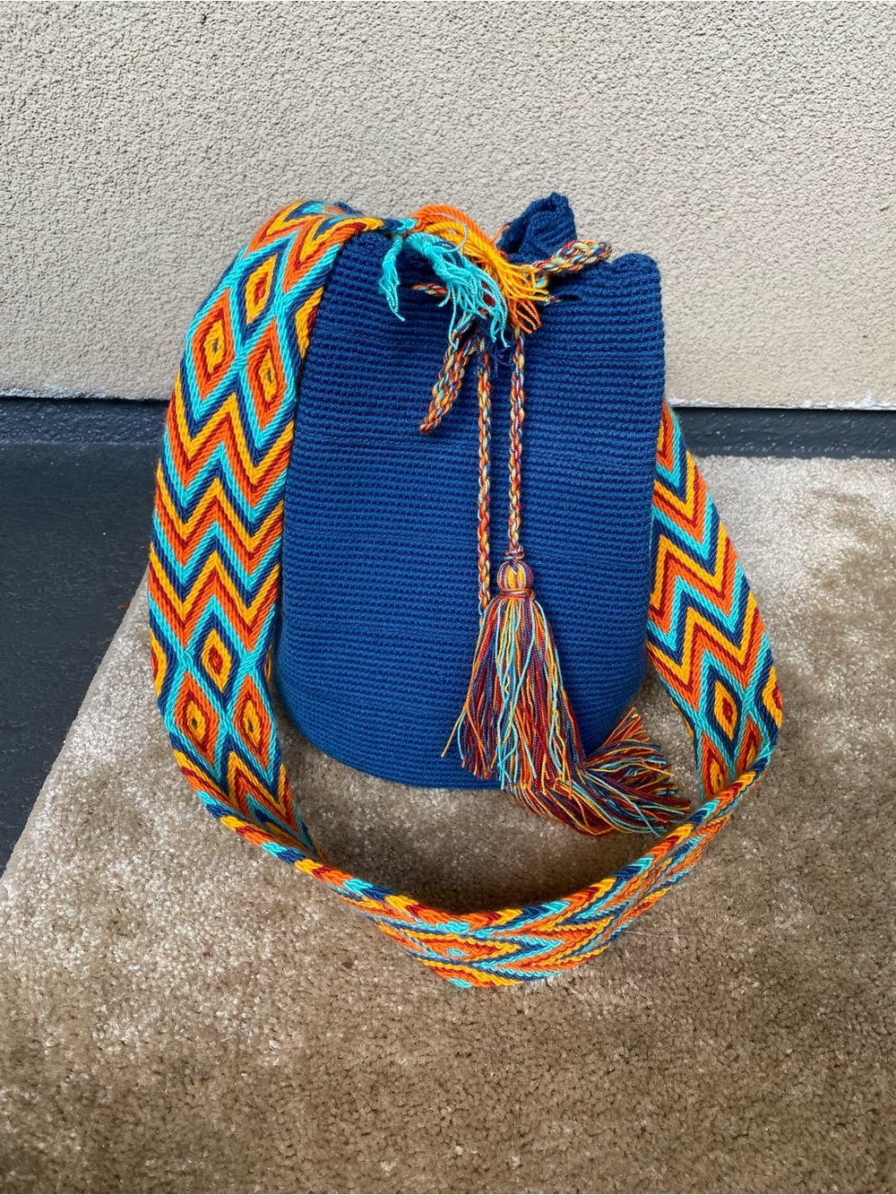 Handwoven Navy Bucket Bag with Multicolor Strap